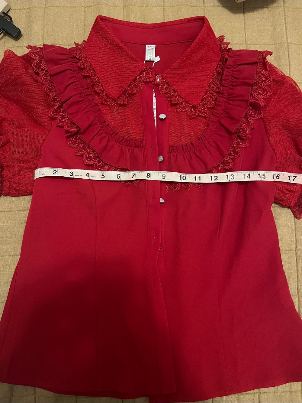 Red Ruffled Puff Sleeve Button-Up Top - Picture 3 of 6